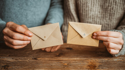 木製テーブルの前でクラフト紙封筒を手に持つ二人、室内の温かな手紙風景
