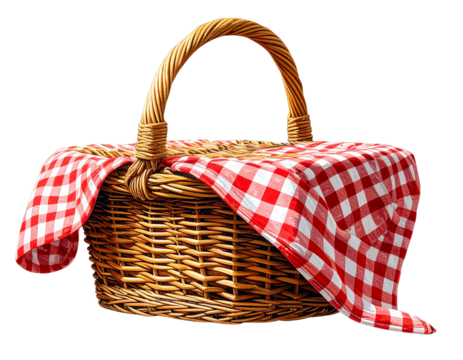 Minimalist Picnic Basket Side View with Draped Red Gingham Fabric, Transparent Background