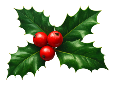 Classic Holly Berry Sprig with Green Leaves and Red Berries, 3D Render, Isolated