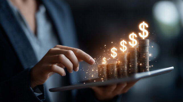 Tablet projecting financial charts and dollar signs as a businesswoman holds it.