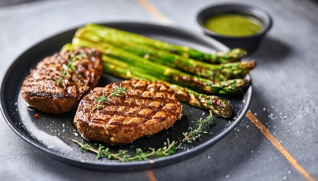 sizzling plant based steaks with grilled asparagus garnished with herb sauce create delicious and healthy meal perfect for plant based diets and grilling enthusiasts