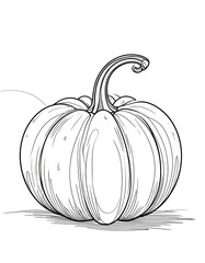 Detailed black and white line drawing of a pumpkin, showcasing its textured surface and stem.