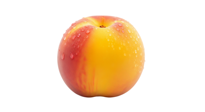 A fresh peach displays vibrant colors and glistening water droplets on its skin against a solid .