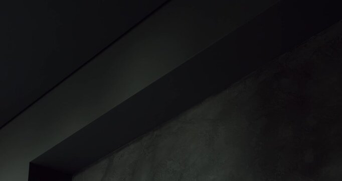 Dark and moody concrete wall and ceiling meet in a corner. This architectural detail offers a minimalist background