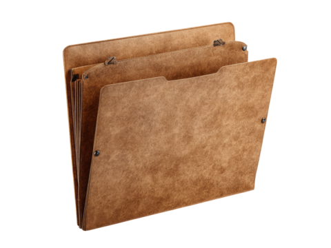 Rustic brown leather expanding file folder organizer, Isolated On White Background, Png Transparent