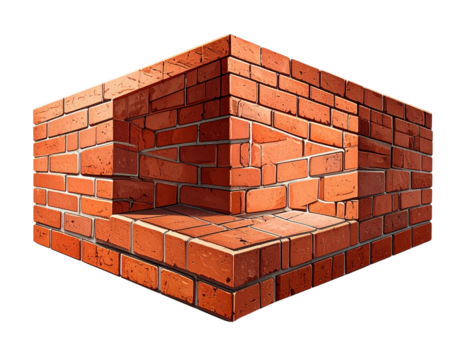 Floating Brick Wall Corner Block with Soft Shadow, Minimalist PNG Isolated