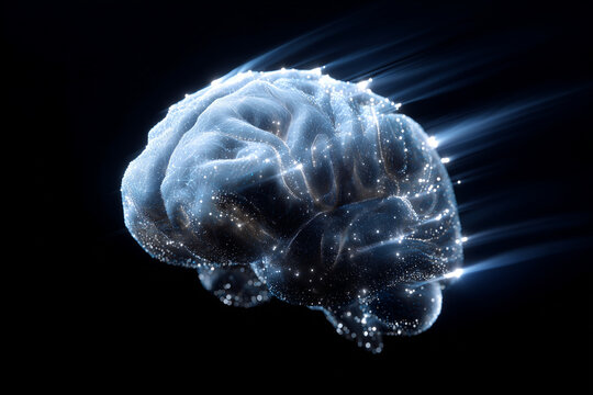 Animated glowing AI brain made from particles rotating in loop against a dark backdrop.