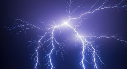 Bright, forked lightning bolts against a deep blue sky