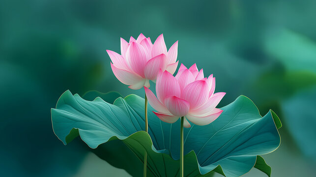 Two light pink lotus buds with long stems placed together on large dark green lotus leaves on a seamless green background ,flower buds,worship.