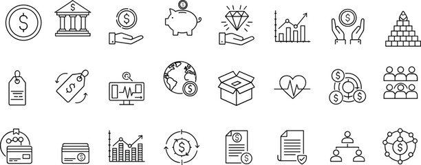 finance icons, business symbols, economy, banking, investment, money, dollar, chart, credit card, piggy bank, diamond, growth, analytics, transaction, global finance, document, network