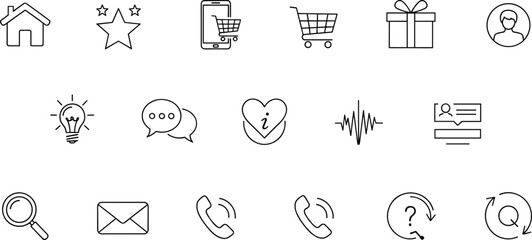 UI icons, black and white, user interface, communication, shopping, search, feedback, mobile, email, call, help, refresh, gift, heart, idea, waveform, profile, chat, navigation, support