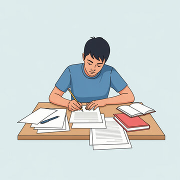 Young male student sitting at wooden desk writing notes on paper with pen surrounded by stacked books, open notebooks, and study materials indoors