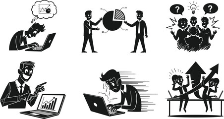 Business team analyzing data, laptop presentation, brainstorming ideas, working hard, stressed worker, growth chart, office collaboration, productivity, teamwork, business success, technology use