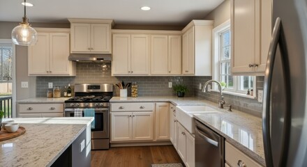Fototapeta premium Bright kitchen with white cabinets, gray backsplash, and light wood floor