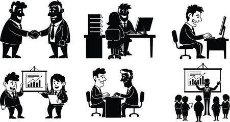 Business teamwork illustrations, office communication, handshake, meeting, graph presentation, team collaboration, workplace productivity, marketing strategy icons, professionals