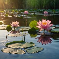 Vibrant Pink Lotus Flowers Floating on Serene Pond in Golden Afternoon Light Photography.