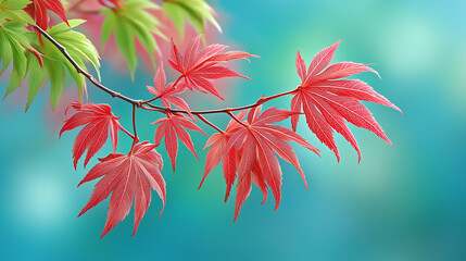 Japanese maple tree branches with vibrant red and bright green autumn foliage,  gradient color transition from crimson to emerald,seasonal change.