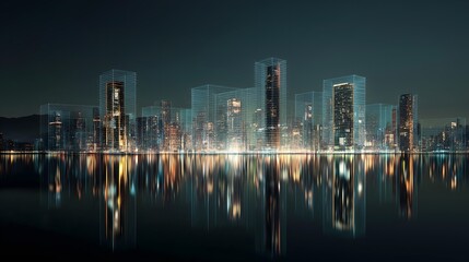 Fototapeta premium A city skyline is reflected in the water. The city is lit up at night, creating a beautiful and serene atmosphere