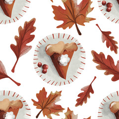 Seamless Autumn pattern Leaves and pumpkin pie. Autumn.