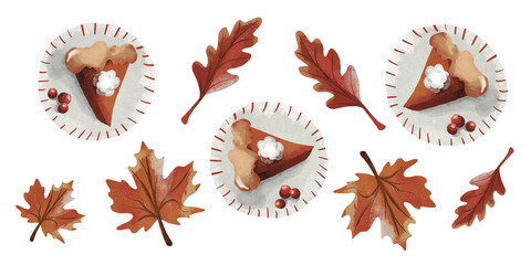 Autumn set. Leaves and pumpkin pie. Autumn.