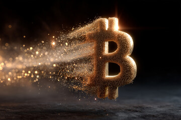 Bitcoin symbol spins and disintegrates into golden particles on black background.
