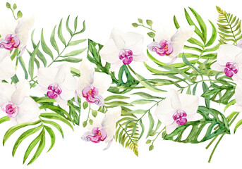 Seamless background of white orchid with pink core and coconut leaves. Watercolor horizontal pattern of tropical summer flower for textile in jungle style. Phalaenopsis, botanical illustration.