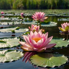 Vibrant Pink Lotus Flowers Floating on Serene Pond in Golden Afternoon Light Photography.