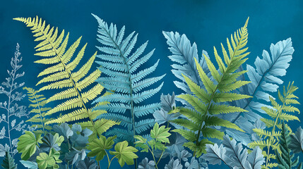 Mixed fern fronds in vibrant green and muted gray colors on deep blue backdrop, detailed botanical study, layered leaf patterns, nature photography style, forest undergrowth elements, artistic plant.