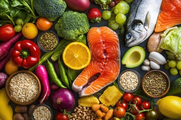 Colorful array of fresh produce, fish, and grains