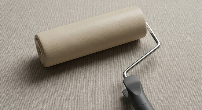 A clean, unused paint roller is positioned diagonally on a subtle, textured beige background. The shot is simple and clean, focusing on the tool itself