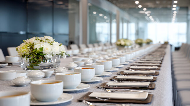 Elegant business event setup with long catering display of fine dining materials