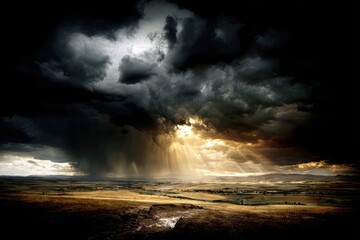 Dramatic storm clouds over a dry landscape, sunbeams piercing the darkness