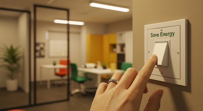 Person Turning on Light Switch in Modern Office, Save Energy Concept