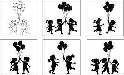 Children with balloons, playful scenes, running, holding hands, smiling, silhouette and cartoon styles, black white vector, celebration, childhood joy art