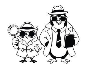 Naklejka premium Cartoon detective owl and penguin dressed in trench coats and hats investigation mystery