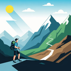 Fototapeta premium Male hiker with backpack standing on cliff edge overlooking scenic mountain landscape with waterfall, sun rays, and clouds