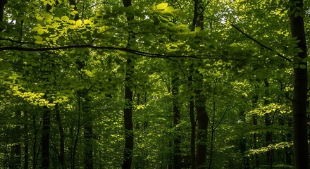 Sunlit canopy in a dense green woodland provides serene backdrop