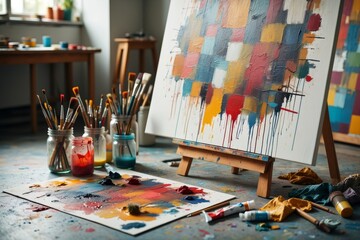Vibrant Abstract Expressionism Painting Inspiring Artistic Creativity and Studio Environment