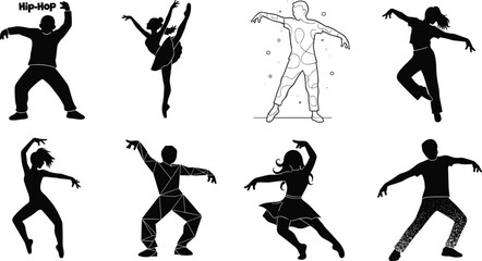 Dance silhouettes, hip‑hop, ballet, jazz, contemporary, geometric, stylized, spinning, black white vector, performance art, movement, stage, artistic design