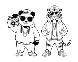 Naklejka premium Cartoon Panda and Tiger with Boombox and Ripped Jeans friends music
