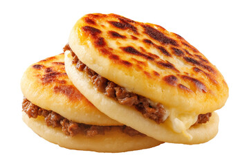 Grilled arepas plain sandwich filled with melted cheese and ground beef, isolated on white transparent background, concept of Latin street food