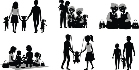 Family silhouettes multi‑generation activities, walking, reading, picnic, helping children walk, black white vector, bonding, caregiving, outdoor lifestyle, happy moments art