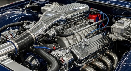 Fototapeta premium Chrome Car Engine Close-Up with Intricate Details and Blue Accents