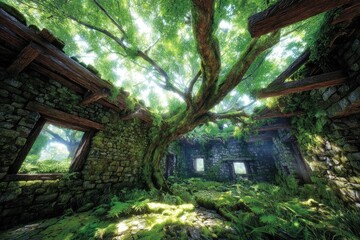 Lush overgrown ruins, sunlight streams through canopy