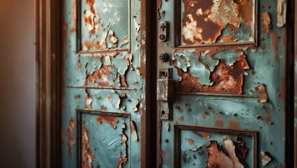 Rusty with peeling paint on old doors.