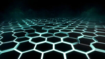 Hexagonal network illuminated with blue light in a futuristic dark landscape.