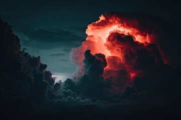 Fiery storm cloud bursts against dark sky