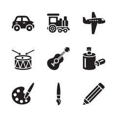 A captivating collection of iconic playtime objects, creative art supplies, and musical instruments for various recreational activities