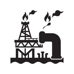Black vector oil rig logo with drilling platform, ground pipes, and flaming torch emitting smoke on white background.