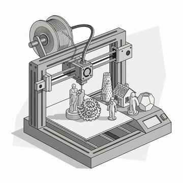 Isometric monochrome of a desktop 3D printer with a top-mounted filament spool, actively manufacturing small plastic models including a mechanical gear, a decorative vase